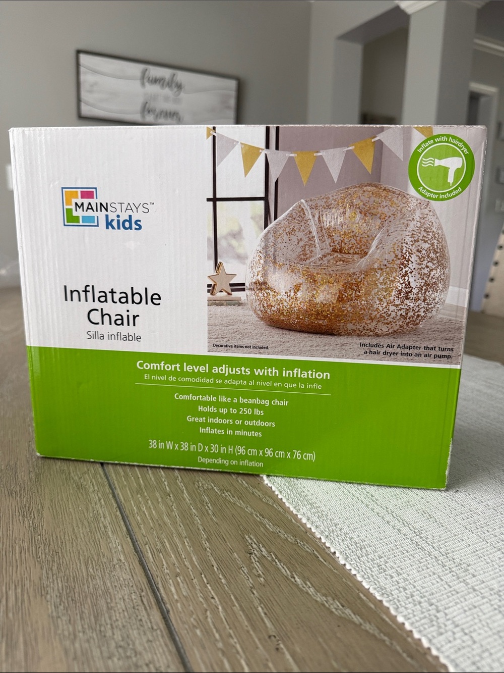 NIB Mainstays Kids Gold Glitter Inflatable Chair - Sparkle Beanbag